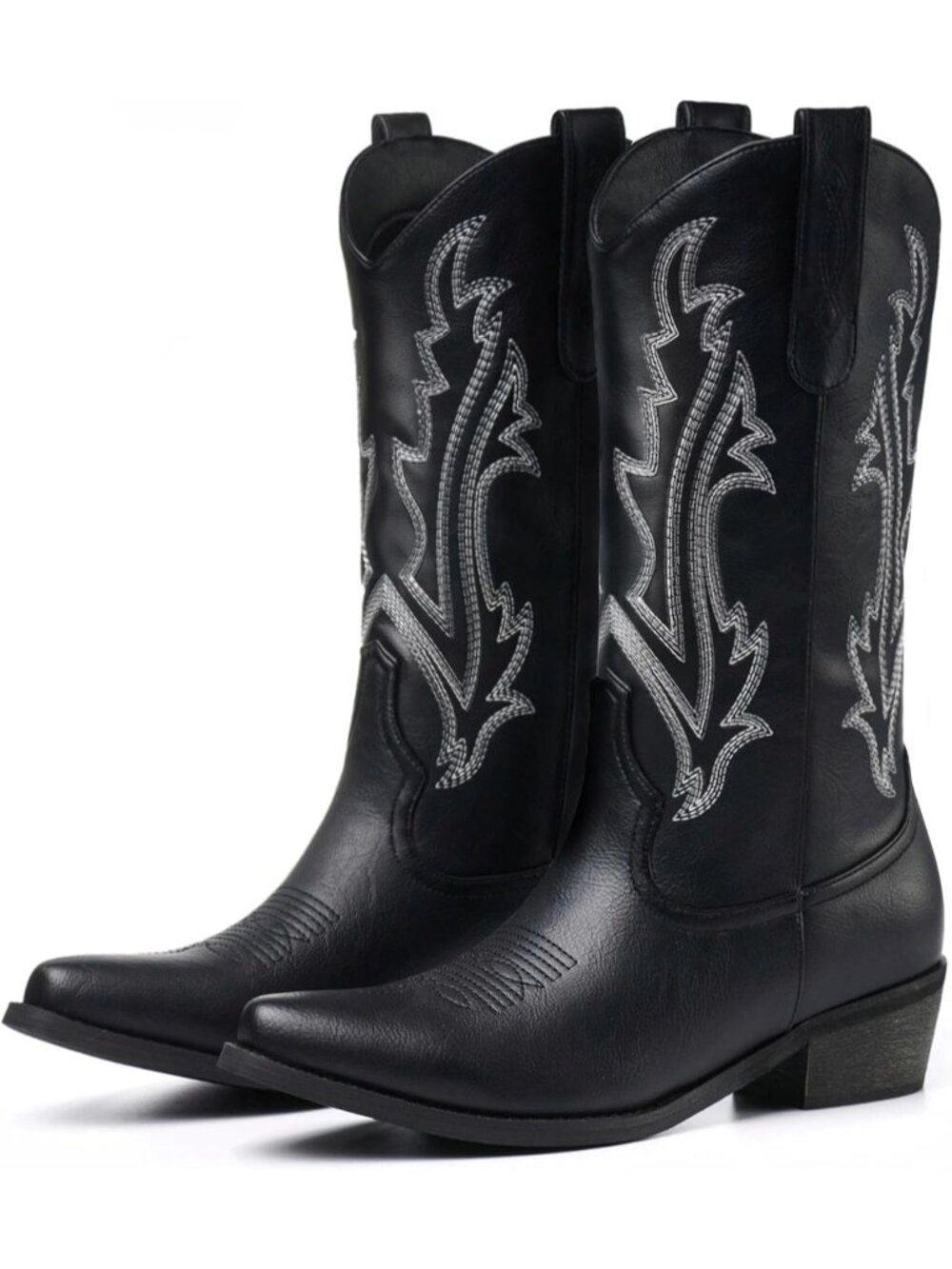 〽️Women's Mid-Calf Cowgirl Boots Matte Black Leather Block Heel Embroidered